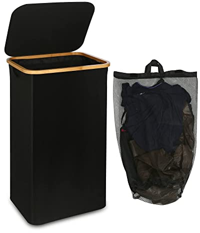 efluky Großer Wäschekorb mit Deckel, hoher Wäschebehälter mit Bambusgriffen, Aufbewahrung von Kleidung und Spielzeug, freistehend, zusammenklappbar, mit Innentasche, Schlafzimmer und Badezimmer,