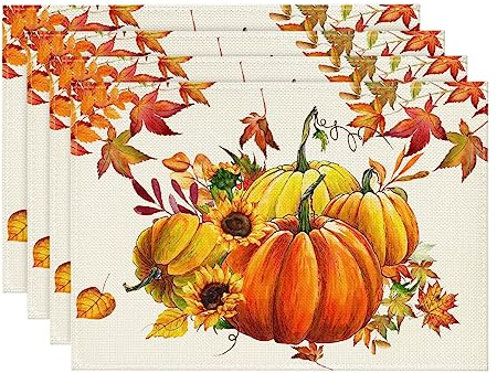 Artoid Mode Kürbisse Ahornblätter Sonnenblumen Herbst Platzsets 4er Set, 30x45cm Urlaub Tischsets Waschbar Platzdeckchen Küche Party Deko