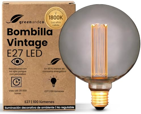 greenandco Vintage Design LED Birne zur Stimmungsbeleuchtung | E27 G125 | smoke | 4W 100lm | 1800K extra warmweiß | 320° | 230V | flimmerfrei | nicht dimmbar | Edison Glühbirne