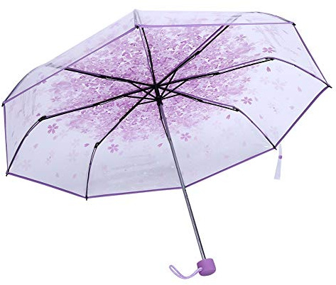 TOPINCN Regenschirm, Faltbar Kirschblüte Transparenter Druck Regenschirm für Prinzessin (Helles Lila)