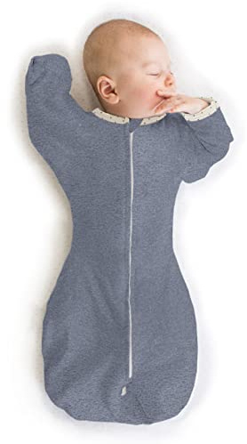 SwaddleDesigns övergångssäck med armar upp halvlånga ärmar och vantar manschetter, ljungad denim med prickig kant, liten, 0-3 mån, 6-6,4 kg (lättare sömn, lätt att linda övergång)