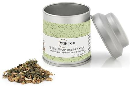 Novecento Tè® | Tè Verde Sencha Spezie & Arancia | Verde Sencha Cannella & Arancia in Foglie - 20 Gr | Tè Verde Speziato | Sencha con Pepe Rosa, Mela e Cannella