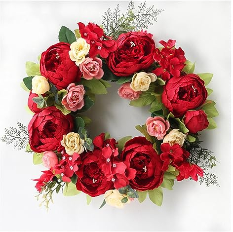 yaoqijie 40 cm Simulation Hortensie Pfingstrose Kranz Rattan Ring Künstliche Blume Home Hochzeit Weihnachtsfeier Hintergrund Deko Schießen Requisiten Lasting (Color : rot)