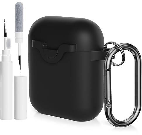 AOTUAO Compatibile con AirPods 2 e 1 Custodia Cover e Kit di Pulizia, Case Protettiva Antiurto e Antiscivolo in Silicone per AirPods 2a e 1a Generazione con Moschettone, Nero