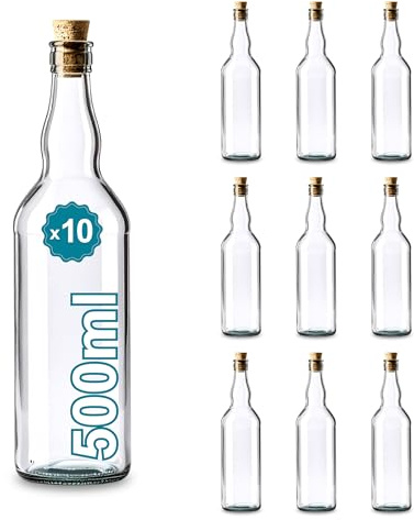 10 botellas de cristal de 500 ml con tapón de corcho – bebidas espirituosas: ron, whiskey, ginebra, tequila, licores – Elegancia de cristal para recuerdos, cócteles