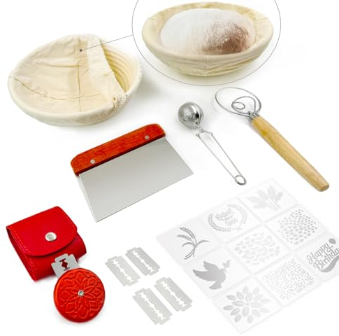 SNAIL GARDEN Banneton Juego de cestas de fermentación, 23 cm/9 pulgadas, cuenco redondo para pan, cesta de fermentación con juego de pan, plantillas únicas para hornear pan