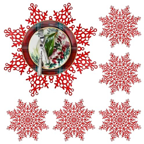 QeeFop Set di 6 Tovagliette Natalizie Dorate, Sottopiatti Natalizi PVC con Fiocchi di Neve, Tovagliette Lavabile Resistenti al Calore per Natalizie, Anniversari, Compleanni, Matrimoni (Rosso)