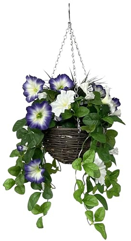 GreenBrokers Artificial Purple & White Petunia Round Rattan Hanging Basket (25cm)
