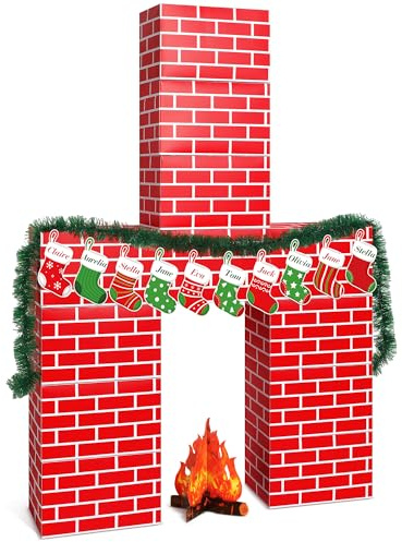 Fullhawl 34 chimeneas de cartón de ladrillo Rojo Artificial 3D de 39 x 59 Pulgadas, Chimenea de Navidad con calcetín de Fuego 3D, Guirnalda de Pino Falso, telón de Fondo para decoración de Navidad