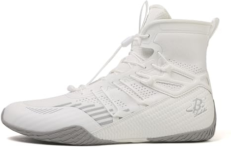 B LUCK SHOE Men’s Boxing Shoes Lightweight High-Top Training Shoes with Drawstring – Supportive Gym Footwear for Fighters LS508 White/Grey