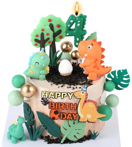 Dinosaur Cake Decorations Set,with Dinosaur Leaves Grasses Cake Toppers & Dinosaur Number 4 Candle Included for Birthday Party Decorations,Dinosaur Cake Toppers for Boys (4st birthday dinosaur)