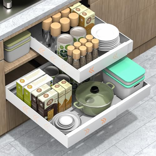 Teleskopschublade, Dehnbar Ausziehbarer Schrank, 3 Pfade Schwer Belastbar Kohlenstoffstahl Schubladen Aufbewahrungsregale für Küche Badezimmer Wohnzimmer, Expandierbare Breite 31-52 cm, Weiß 1 Packung