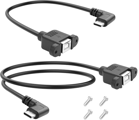 YACSEJAO USB C to USB B 2.0 Female Printer Panel Extension Cable 2 Pcs 0.3M+0.5M USB Type C Male to USB Type B Female Adapter Cable with Screws Mount (Side Angle)