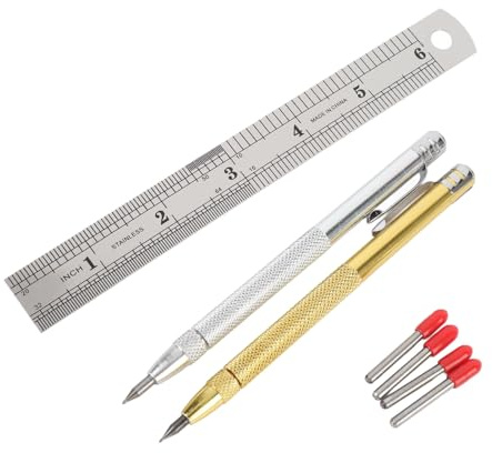 Plyisty Trazador de Punta de Carburo de Tungsteno de 2 Piezas con Imán, Herramientas de Trazado de Pluma de Grabado, con 4 Puntas de Marcado de Repuesto y Regla de 6 Pulgadas