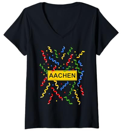 Damen Aachen Karneval Kostüm Aachener Konfetti Luftschlangen T-Shirt mit V-Ausschnitt
