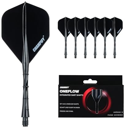 Champify® 6X OneFlow Dart Shafts mit Flight – Schwarz – Größe M | Integriertes Flight-Shaft-System für Steeldarts & Softdarts | Dartflights aus Kunststoff | Für Anfänger & Profis