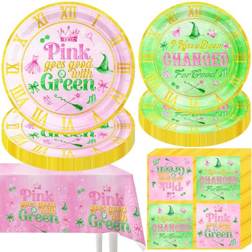 41 Pcs Pink and Green Party Decorations, Happy Birthday Witch Tableware Supplies Includes Paper Plates Napkins Waterproof Tablecloth for Movie Fans Shower Engagement