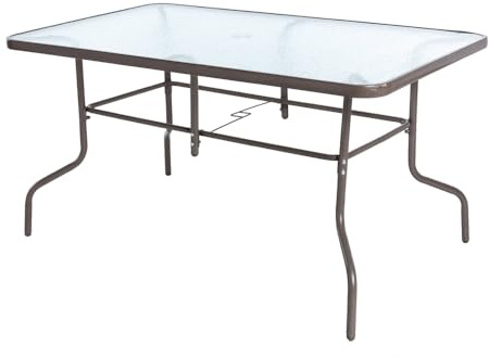 LOLAhome Mesa de Jardín Rectangular 140x90 cm de Acero Gris Topo con Tablero de Cristal Templado 5mm | Pintura Anticorrosión, Uso Exterior | para 4 Personas | Requiere Montaje | Classic