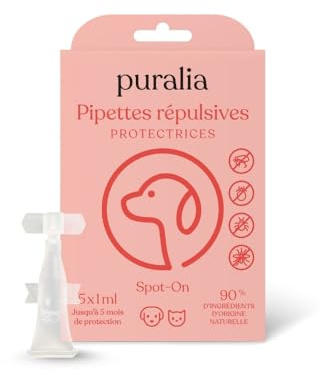 Puralia - 5 Pipettes Répulsives Spot-on de 1ml - pour Chiens, Chats et Petits Animaux - Anti Puces, Tiques, Moustiques - Margousier, Lavande et Citronnelle - Plus de 90% d'origine Naturelle