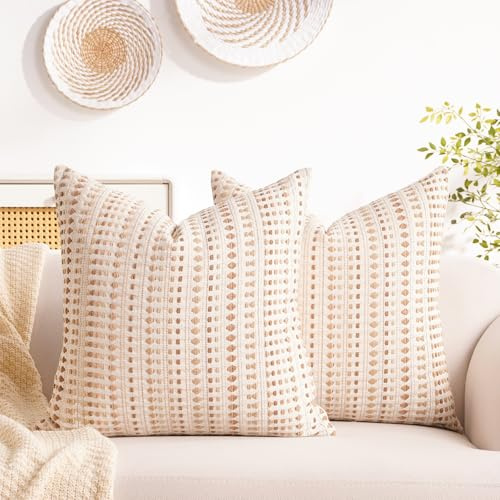 Habodd 2er Set Boho Kissenbezug 45x45 Baumwolle Leinen Kissenhülle Braun Beige Sofakissen Punkt Gestreift Strukturiert Netural Dekokissen Kissenbezüge für Sofa Wohnzimmer Schlafzimmer Outdoor Kissen