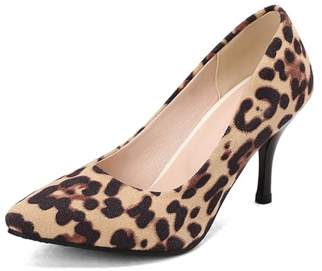 Lizoleor Decollete Donna Tacco A Spillo Alto Punta Senza Chiusura Business Moda Camoscio Apricot-Leopard Numero 42 EU/44CN