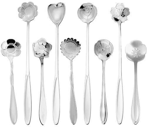 FUAAOLIY Flower Spoon Set, 9PCS Coffee Teaspoon Stainless Steel Tea Spoon Reusable Coffee Sugar Stirring Ice Cream Dessert Spoons for Tea Party Decorations Cake Tea Scoops (Silver)