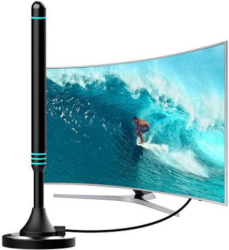 Antenne TV Intérieure – Antenne TNT HD Numérique DVB-T/T2, Compatible VHF/UHF, Base Magnétique Puissante, Facile à Installer pour Maison et Appartement, Câble Coaxial 5m