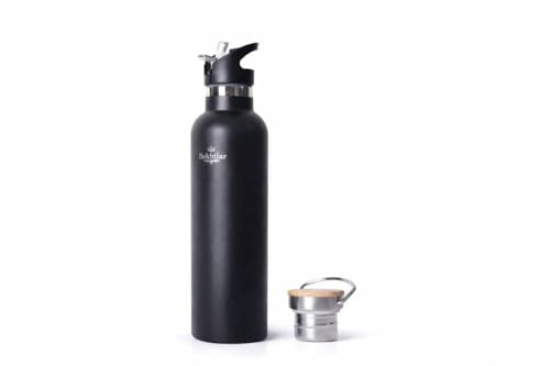 Bakhtiar®️ Doppelwandige Edelstahl Trinkflasche –Auslaufsichere Isolierflasche für Heiß- & Kaltgetränke, Kohlensäure-geeignet, inkl. Ersatzdeckel (Schwarz, 500ml)