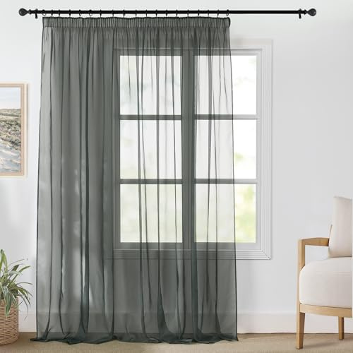 PONY DANCE Gardiner 3 meter sovrum genomskinliga med veck, grå fönstergardiner för stora fönster, 300B x 245H cm (1 paneler), mörkgrå