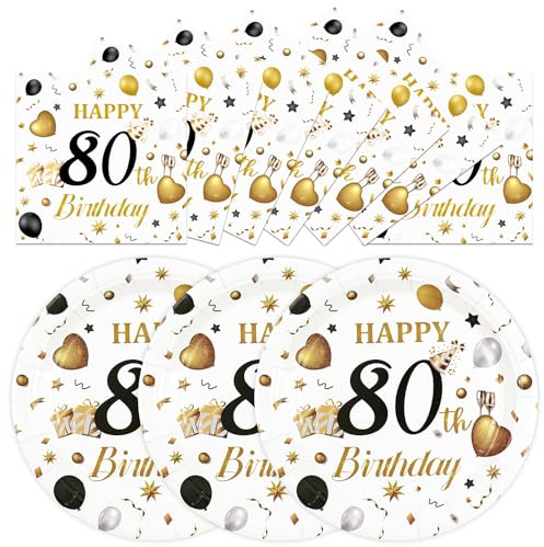 HFBOBP 50PCS 80th Birthday Plates and Napkins Party Decorations, 7 Inch White and Gold Happy Birthday Paper Dessert Cake Plates and Napkins Disposable Tableware Set for Women Men