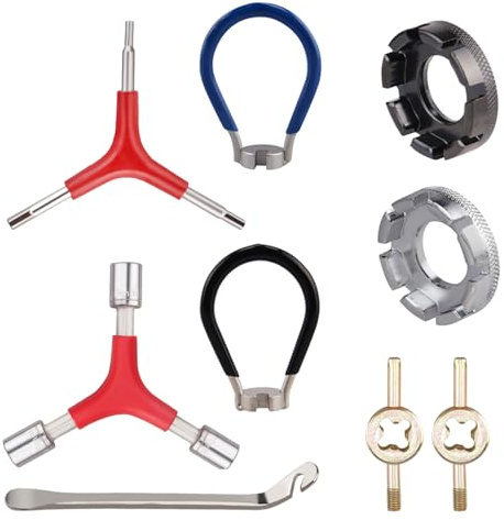 CVASNF 9 Stück Speichenschlüssel Fahrrad, Größe 10-15 Universal Speichenspanner Fahrrad Werkzeug Set mit Nippelspanner Reifenheber Y-förmigen Inbusschlüssel und Y-förmigen Steckschlüssel