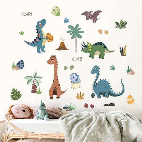 FUFUQUARE Dinosaurier Wandaufkleber Blau Grün Dino Fußabdruck Eier Palme Wandtattoo DIY für Kinderzimmer Kinder Schlafzimmer Spielzimmer Wohnzimmer Wohnzimmer