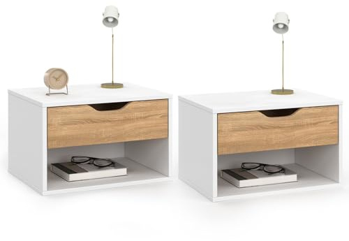 IDMarket - Lot de 2 Tables de Chevet murales Cathy 1 tiroir avec Niche façon hêtre et Blanc