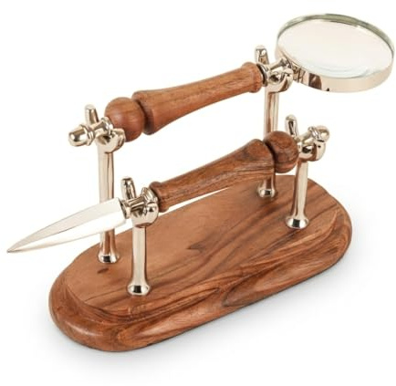 DECONOOR Set mit Lupe und Brieföffner, silberbraunes Holz, Büro-Schreibtischzubehör, dekoratives Heimbüro-Dekor, professionelles Business-Geschenk (Silberbraun, oval)