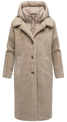 Navahoo Damen warmer Plüschmantel aus Teddyfleece mit abnehmbarem, gestepptem Krageneinsatz Teddyzauber 14 XS-3XL