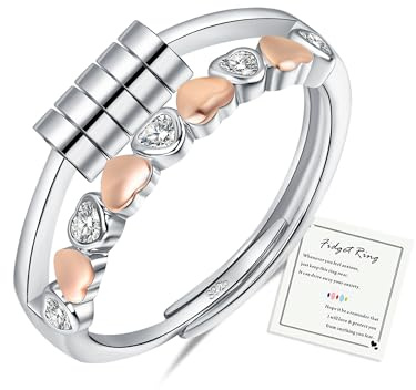 Rose Gold Fidget Rings for Anxiety Women, Anxiety Ring Heart Ring Rose Gold, Sterling Silver Anxiety Rings for Women Girls, Christmas Birthday Jewellery Gifts Stress Relief