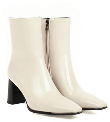 KUHAOFEU Bottines pour Femme avec Fermeture Éclair Et Bout Carré Bas À Talon Bloc Moyen,Beige,41 EU