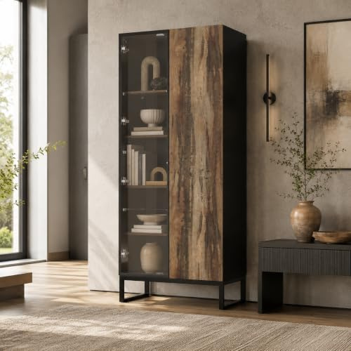 PREMTURE LED Vitrinenschrank mit Türen, Standvitrine aus Holz & Glas, 80 × 41 × 175 cm, Braun/Schwarz, Mit Glasböden, Innenbeleuchtung, USB-Anschluss, Wohnzimmer