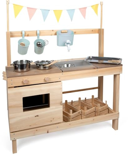 small Foot Matschküche und Kaufladen aus Vollholz, XL-Matschküche/Outdoorkaufladen, beidseitig bespielbar, mit viel Zubehör, Outdoor-Spielspaß, 12790
