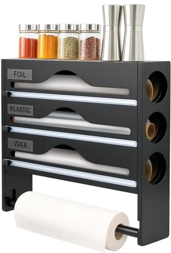 EVERGOODS Cling Film Dispenser and Cutter with Kitchen Roll Holder, 4-in-1 Bamboo Foil Dispenser Organizer with Paper Towel Holder, Wall-Mount or Countertop Wrap Storage Compatible (Black)