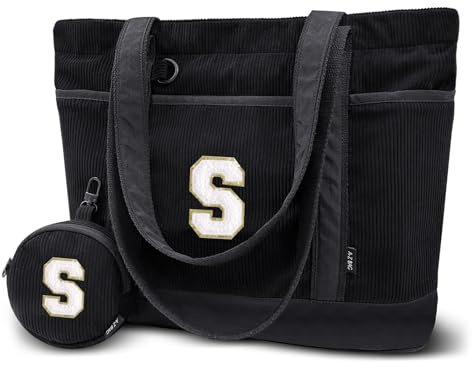 A-Z BAG Borsa tote da donna in velluto a coste con portamonete, borsa a tracolla personalizzata con iniziale con base rinforzata, grande capacità, regalo per donne, signore e adolescenti (nero, S)