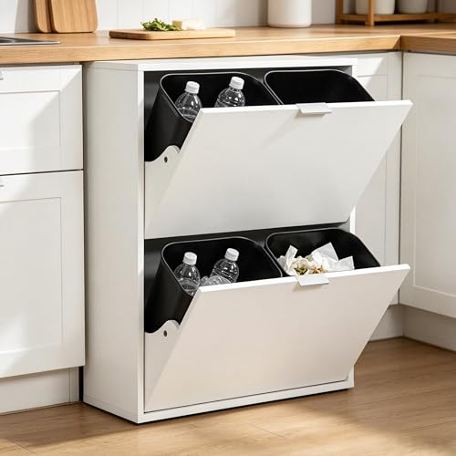 Zirkell Mülltrennschrank 4-fach aus MDF, praktische Abfallbehälter integriert, platzsparender Küchenschrank mit Stauraum in Weiß (60 × 24 × 80)