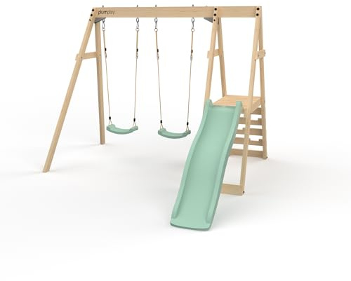 Plum Play Tamarin Wooden Garden Double Swing and Slide Childrens Outdoor Climbing Frame - 3 Years Plus - Max User 50kg per Accessory (Light Green)