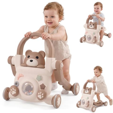 Baby gåvagn 3-i-1, med ljus, musik och leksaker, justerbar hastighet baby walker, skoter, hjul, kan öka vikten, brun