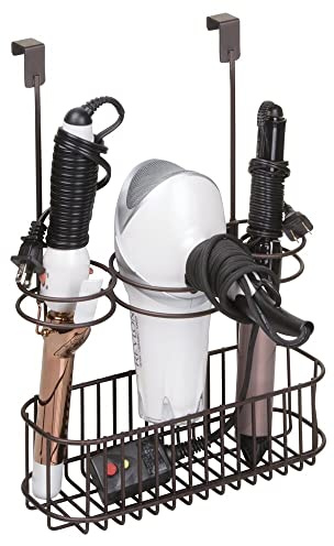 mDesign Steel Over Cabinet Door Hair Care, Hot Styling Tool Organizer Storage Basket for Hair Dryer, Flat Irons, Curling Wands, Straighteners, Space Saving, 3 Sections, Concerto Collection, Bronze