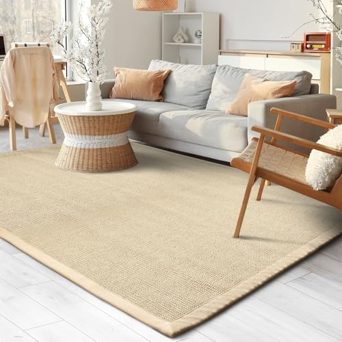 casa pura Amazonas Natur, 70 x 130 cm Sisal Teppich – Naturfaser Teppich mit Baumwollbordüre, Wohnteppich, Sisalteppich