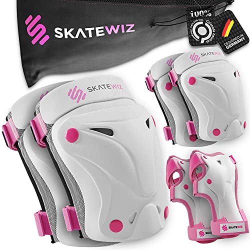SKATEWIZ Knieschoner Kinder Schoner Inliner - Protektoren Set [6er] - Knie und Ellenbogenschützer - Schonerset für Skateboard und Inline Skating - PROTECT-1 Pink White Größe XS