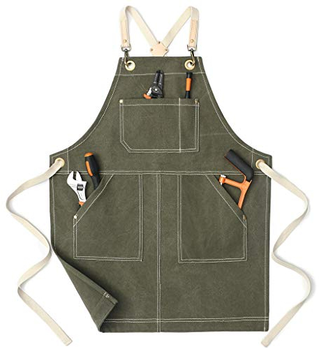 Jeanerlor - Wasserabweisende Arbeitsschürzen für Damen und Herren, Segeltuch, Werkzeugschürze mit Taschen, verstellbar von S bis XXXL, Olivgrün, Large
