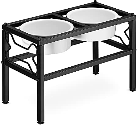 Navaris Double Raised Dog Bowls - Large Raised Dog Bowls with Stand for Medium and Large Dogs - Ceramic Food Bowl Dishes with Elevated Metal Stand
