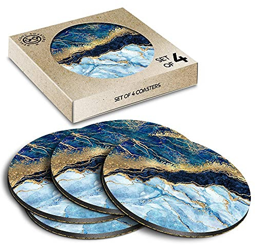 4 x umweltfreundliche Kork-Untersetzer – marmorierter Kunst-Effekt Blau Gold Marmor Getränkebecher Becher Glas Tischmatte #21152